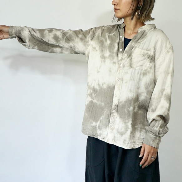 バンドカラーガーゼシャツ/カーキまだら/知多木綿 5枚目の画像