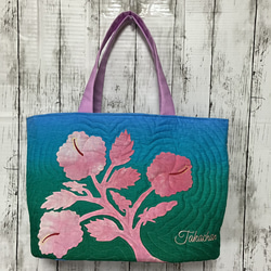 ハワイアンキルト　ハイビスカスの大きめトートバッグ　ブルーグラデーション受注製作 7枚目の画像