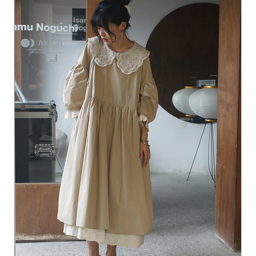 無駄なく可愛いが叶う 重ね着風 フリルレース襟ロング ワンピース