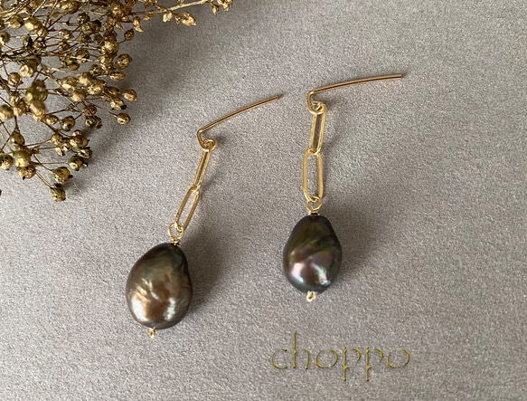 バロック淡水パールのチェーンピアス/イヤリング〜グレーカラー〜 14