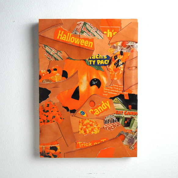 オイルレザーとヴィンテージ雑誌のコラージュアート（ハロウィンver.）A4サイズ 木製パネル 一点モノ 1枚目の画像