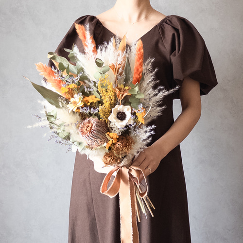 バンクシアとミモザのパンパスグラスウェディングブーケ/ドライ 