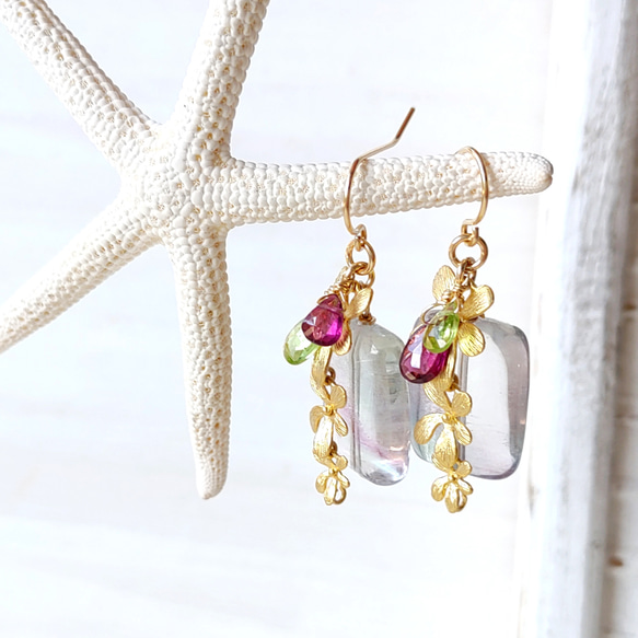 ❁Dainty flowers earrings 14kgf❁ 美しい大粒フローライト＆ロードライトガーネット＆ペリドッ 8枚目の画像
