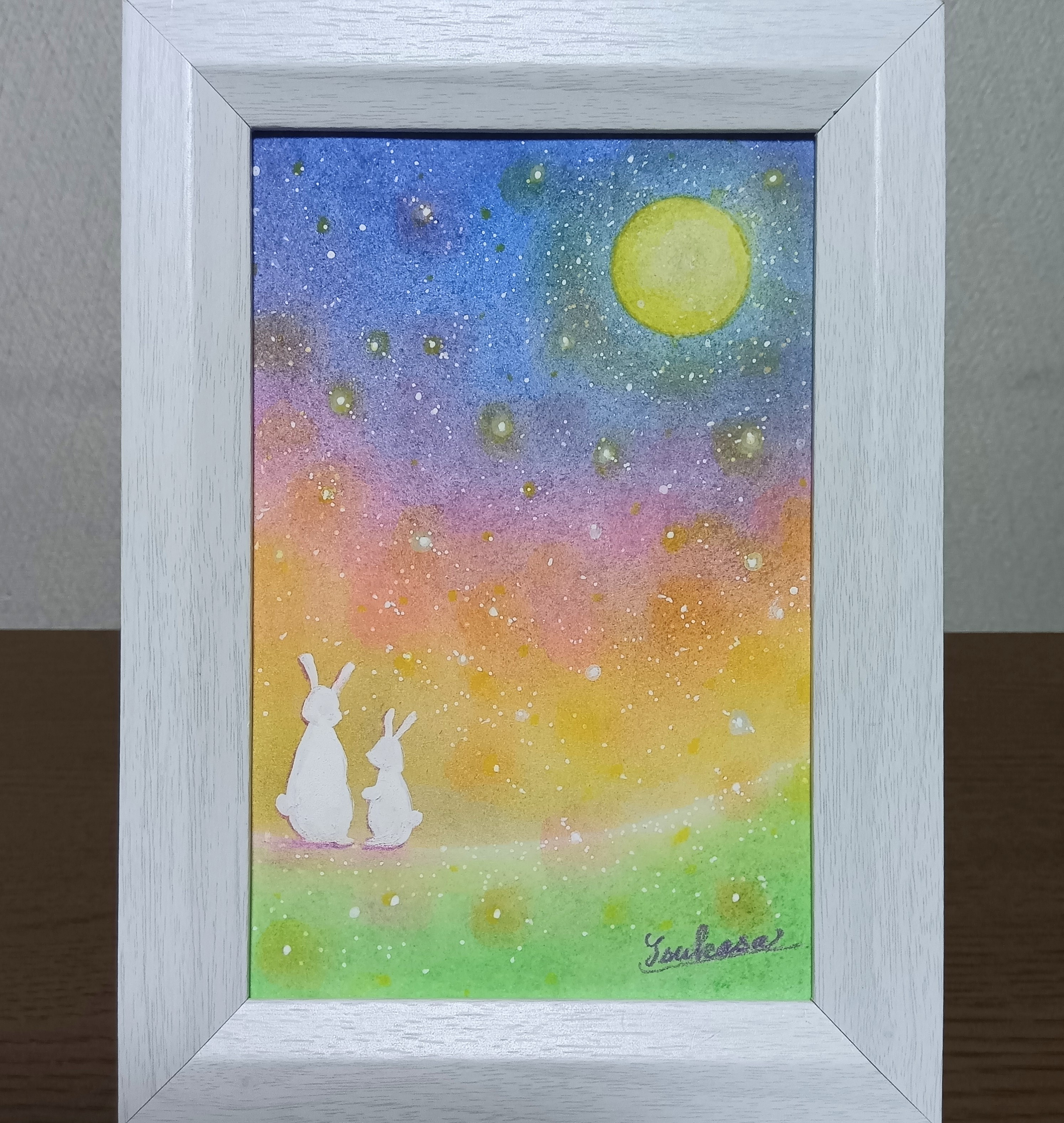 オイルパステル画原画 絵画 カルガモ親子の星空散歩 #110 ハガキサイズ
