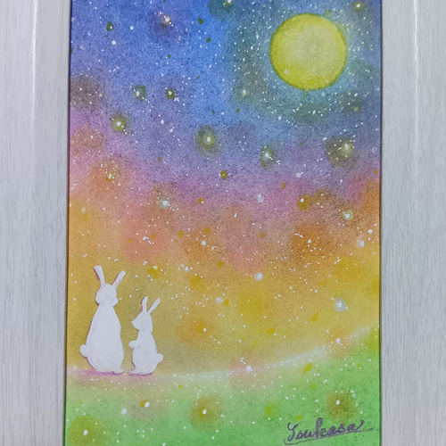 パステルアート うさぎ親子の星空観賞 パステル画原画 絵画 T's Arts