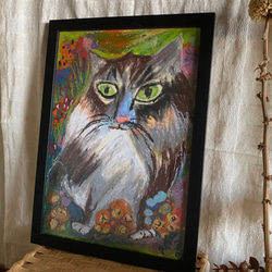 絵画。壁掛け絵原画手描き【山の野の花の中のかっこいい猫】 3枚目の画像