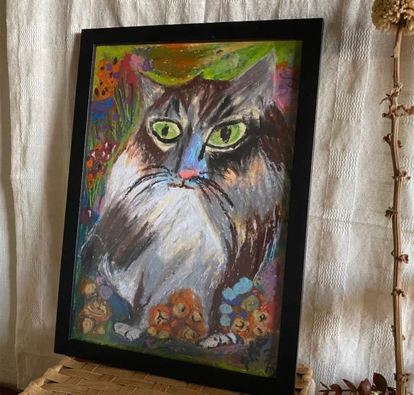 絵画。壁掛け絵原画手描き【山の野の花の中のかっこいい猫】 3枚目の画像