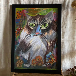 絵画。壁掛け絵原画手描き【山の野の花の中のかっこいい猫】 4枚目の画像