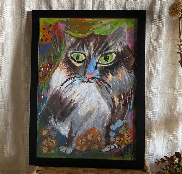 絵画。壁掛け絵原画手描き【山の野の花の中のかっこいい猫】 4枚目の画像
