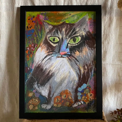 絵画。壁掛け絵原画手描き【山の野の花の中のかっこいい猫】 2枚目の画像