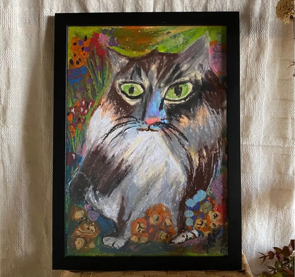 絵画。壁掛け絵原画手描き【山の野の花の中のかっこいい猫】 2枚目の画像