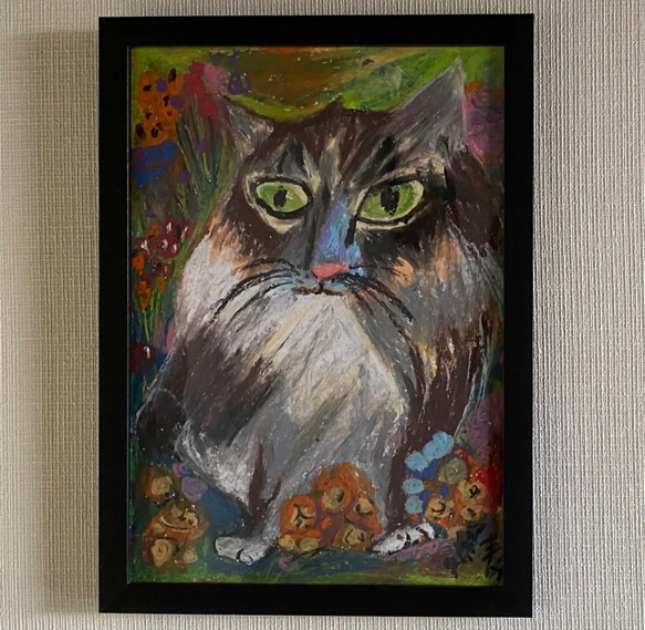 絵画。壁掛け絵原画手描き【山の野の花の中のかっこいい猫】 1枚目の画像