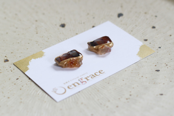定制 糖果釉 Kintsugi 耳環 耳環 / 棕色陶瓷碎片，紅玉髓 / 傳統工藝 秋季 第6張的照片