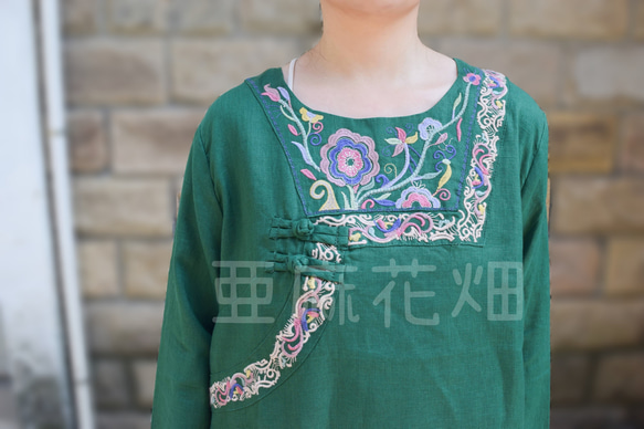 秋の福袋 リネン100% 長袖カットソー 緑 ロンt 刺繍 ブラウス 柄シャツブラウスレディース リネンシャツ 7枚目の画像