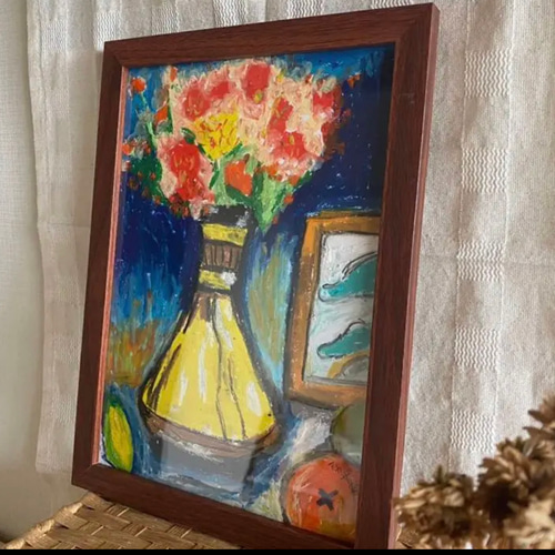 黒猫と花　静物画　原画　ミニ絵画　手描き　オリジナル 夢見る黒猫」油絵 ミニ絵画 原画 猫 オリジナル 真作 手描き