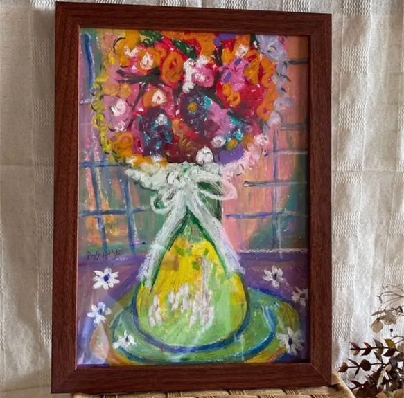 絵画 。原画☆【テーブルの上の花瓶の中のきれいな花、いろいろな色の果物】 絵画。壁掛け絵原画手描き【テーブルの上の花瓶の中の美しい花