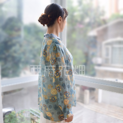 花柄リネン・開襟シャツ【BR1772】 リネン シャツ tシャツ レディース 開襟 シャツ 長袖 柄 シャツ