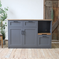 №34 グレーのキッチンバックカウンター 食器棚 炊飯器置き 無垢