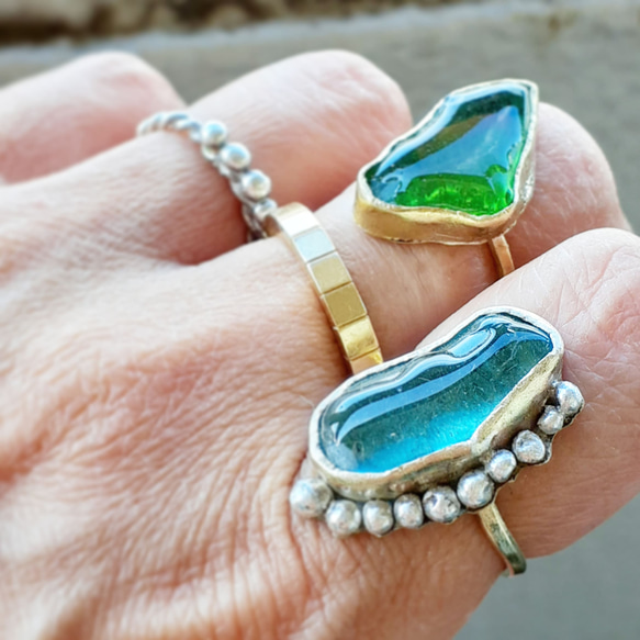 [14-15] beach glass ring (黃銅×銀)/sea glass laulea ring 第3張的照片