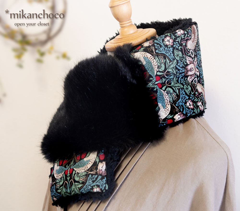 【早割】ファーが選べる　いちご泥棒＆発熱ファーのふわもこマフラー③アンティークグリーン