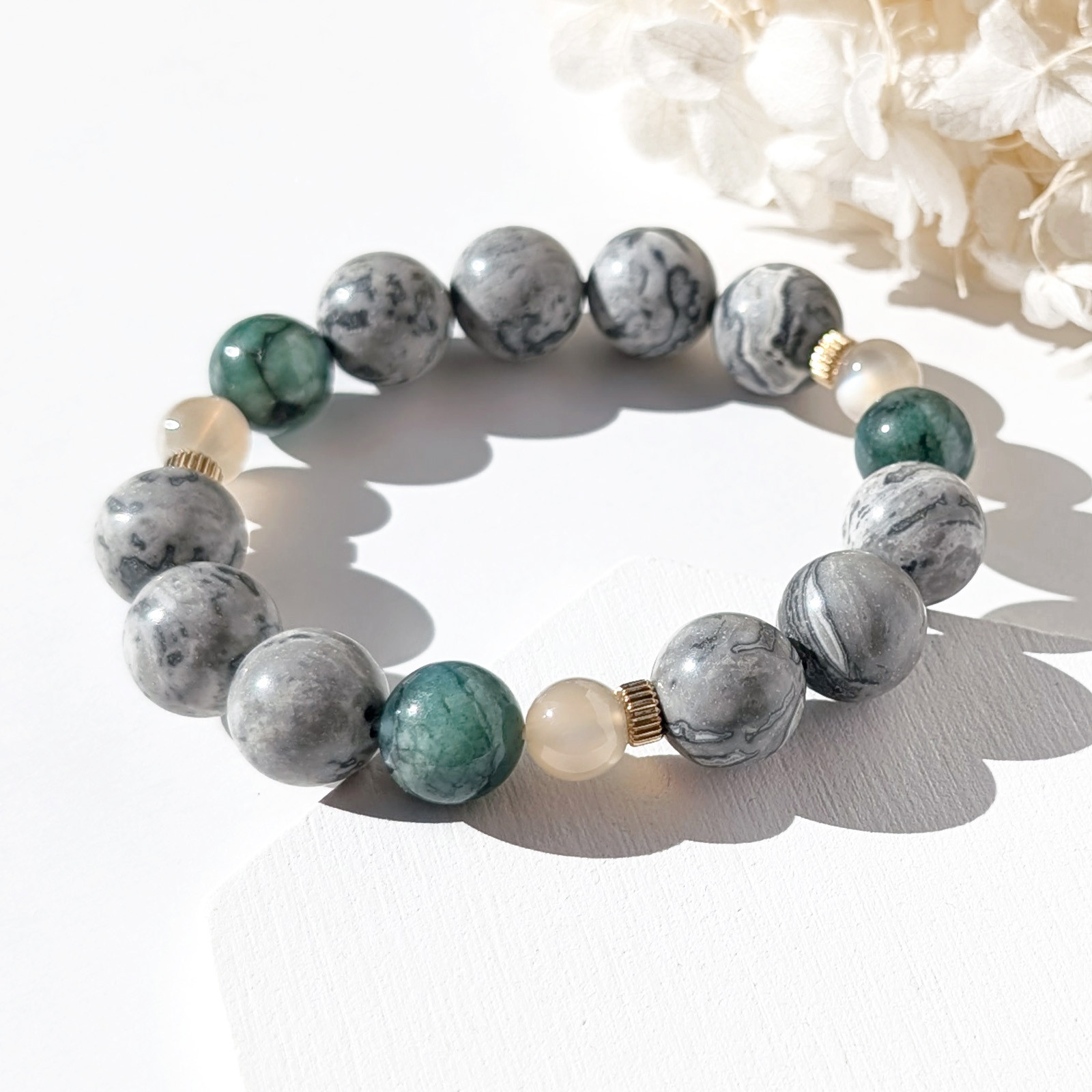 Grace／一点もの　グレージャスパー×エメラルド×ベージュムーンストーン×14kgf　グレイスブレスレット