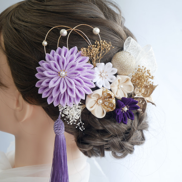 T11 つまみ細工　ドライフラワー　髪飾り　紫　パープル　卒業式　袴　成人式　振袖　結婚式　和装 2枚目の画像