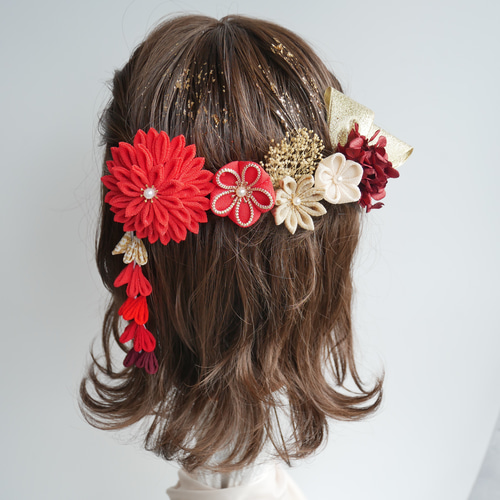 A441 つまみ細工 ドライフラワー 髪飾り 赤 卒業式 袴 成人式 振袖