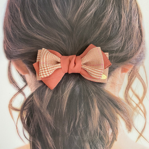 秋冬グレンチェック柄リボンのヘアアクセ •*¨*•.¸¸☆*・ﾟ オレンジ