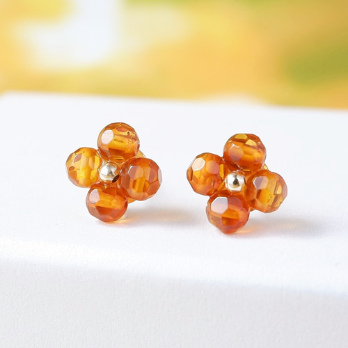 14KGF 天然琥珀の金木犀ピアス/イヤリング -アンバー べっこう 