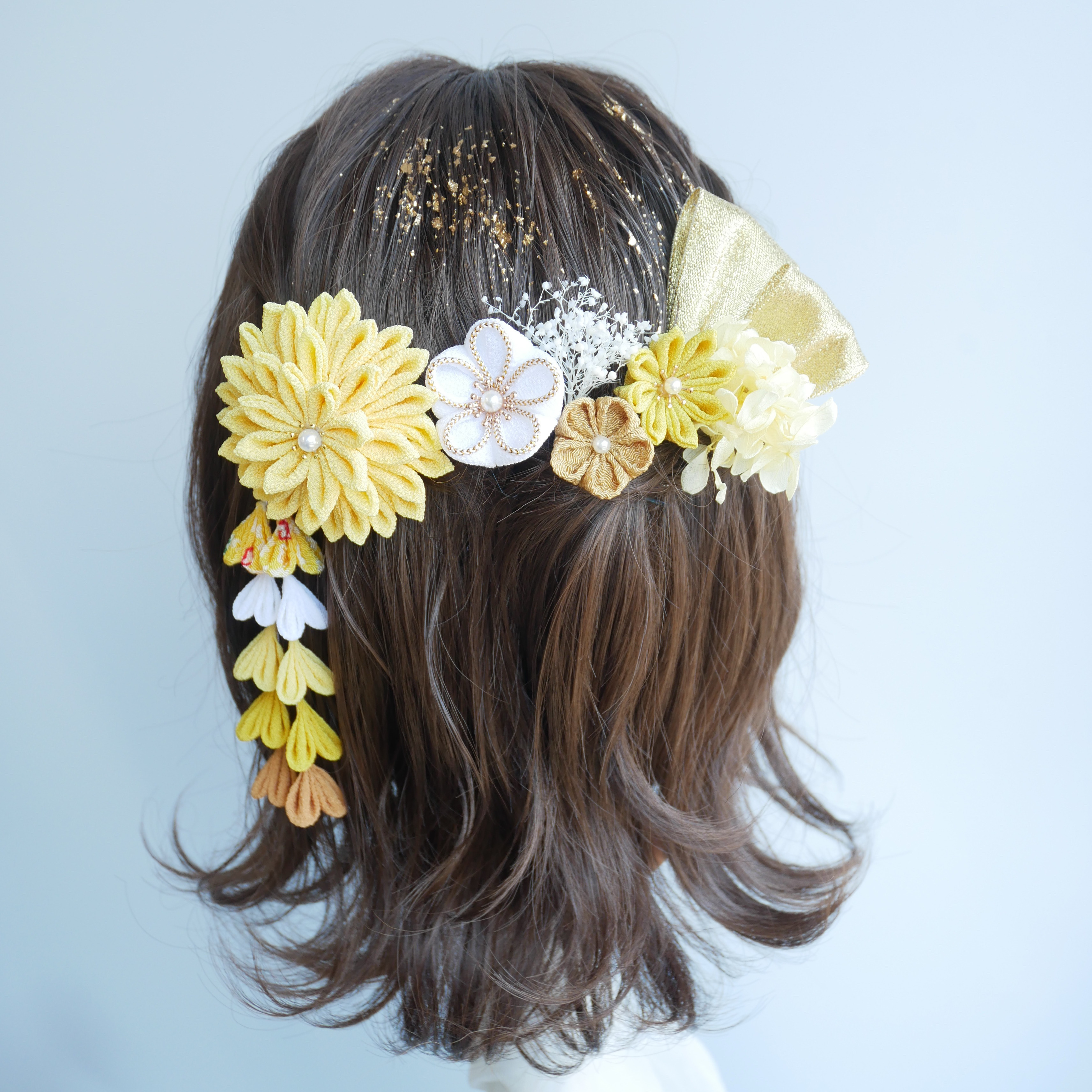A442  つまみ細工　ドライフラワー　髪飾り　黄　卒業式　袴　成人式　振袖　結婚式　和装
