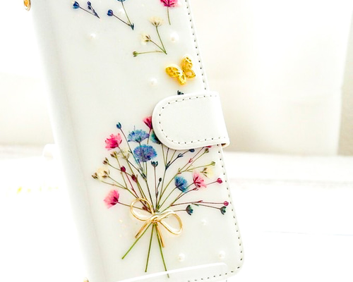 かすみ草の押し花手帳型スマホケース＊393' 全機種対応 本物のお花