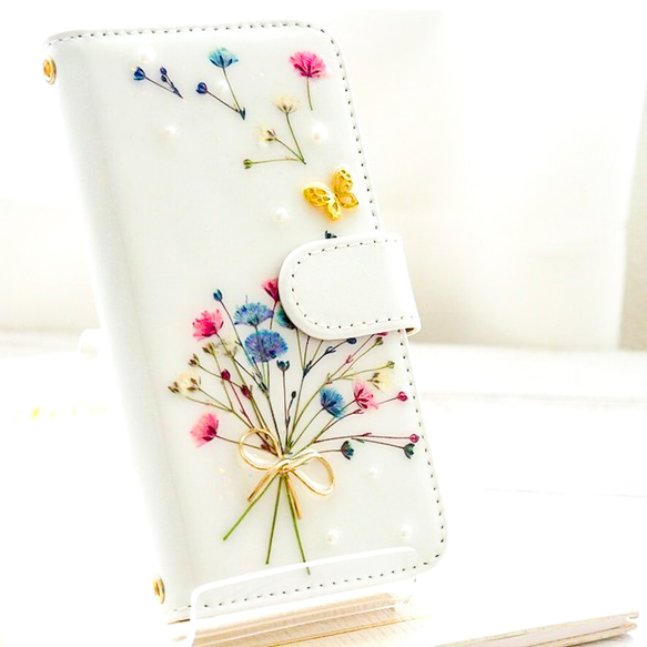 かすみ草の押し花手帳型スマホケース＊393' 全機種対応 本物のお花