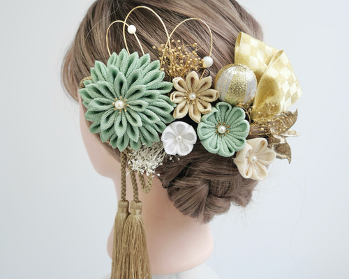 A443 つまみ細工 ドライフラワー 髪飾り 緑 卒業式 袴 成人式 振袖