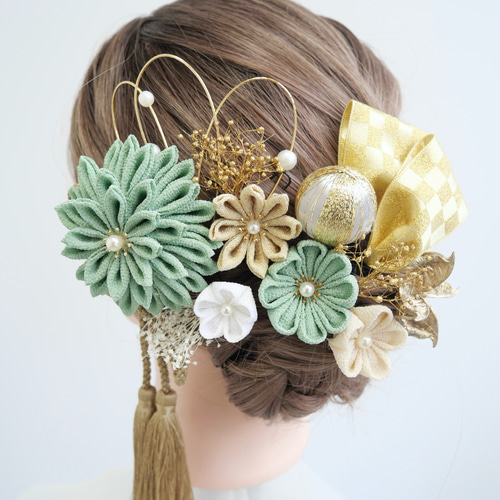 A443 つまみ細工 ドライフラワー 髪飾り 緑 卒業式 袴 成人式 振袖