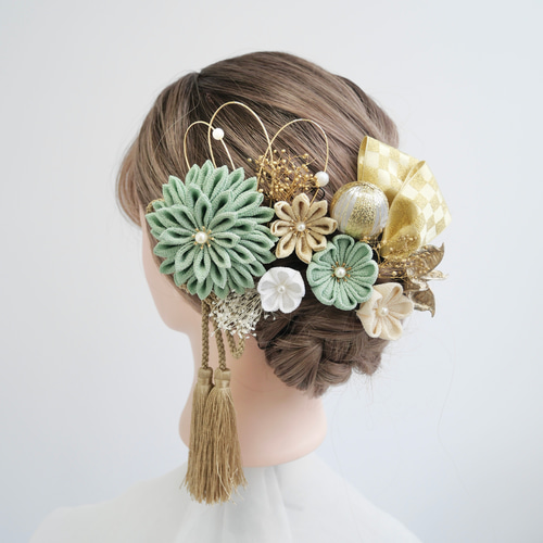 A443 つまみ細工 ドライフラワー 髪飾り 緑 卒業式 袴 成人式 振袖