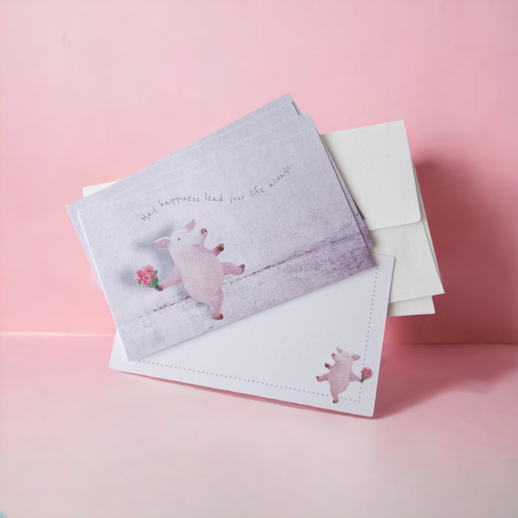 メッセージカード封筒セット（花束とこぶた） 1枚目の画像