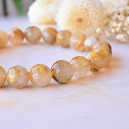 SMT9】9mm玉 太陽放射ルチル 天然石ブレスレット ルチルクォーツ
