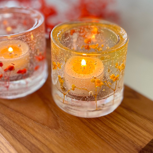 金木犀の香りアロマキャンドル付】秋色かすみ草のキャンドルホルダー