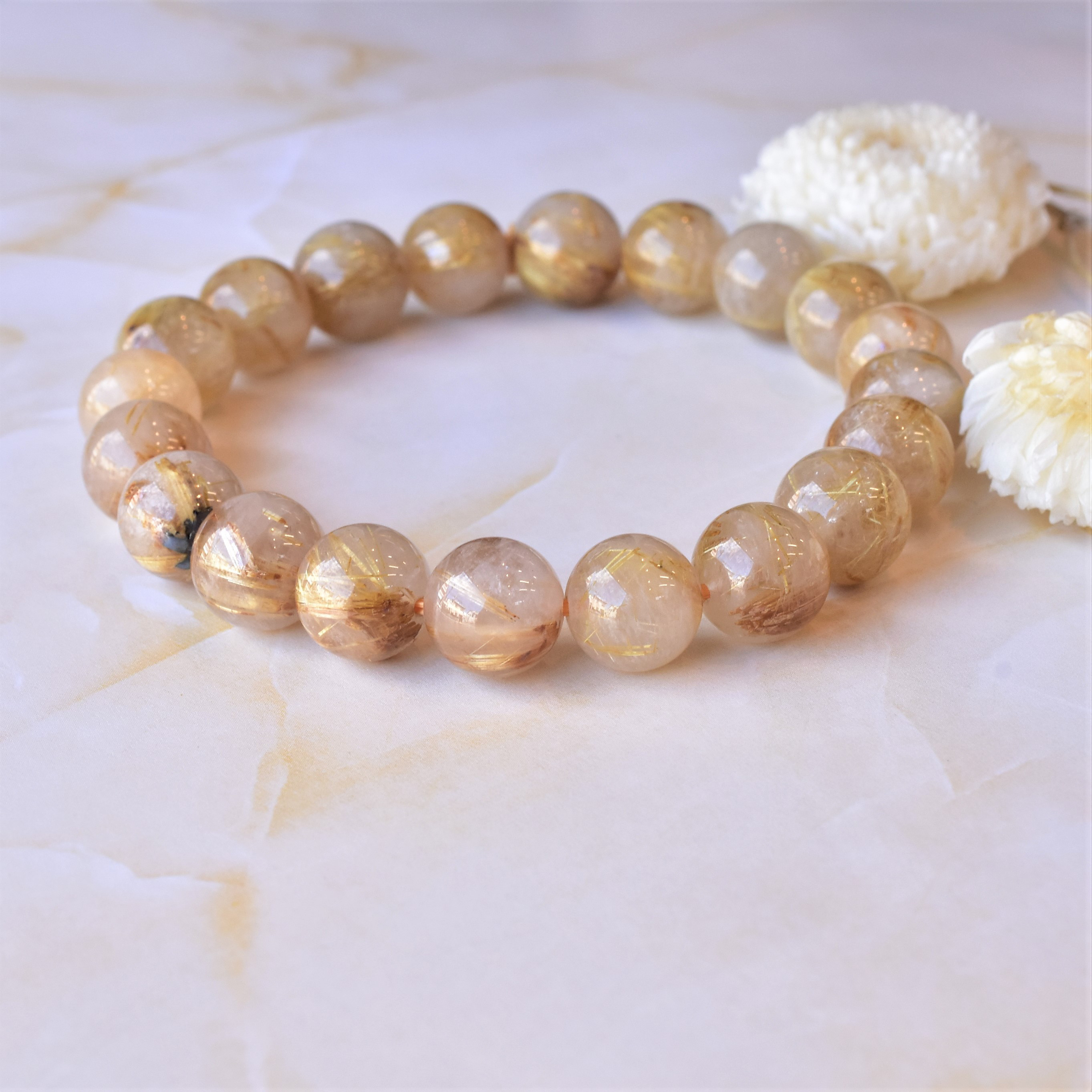 SMT11】10mm玉 太陽放射ルチル 天然石ブレスレット ルチルクォーツ