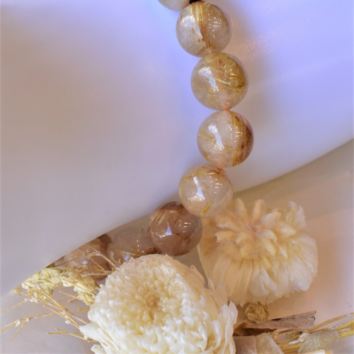 SMT11】10mm玉 太陽放射ルチル 天然石ブレスレット ルチルクォーツ