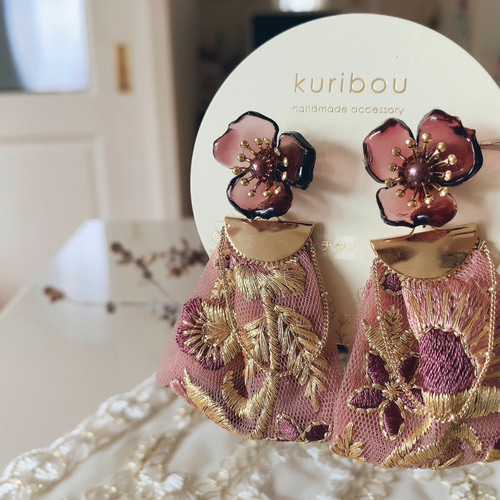 アジアン　ピンク　ピアス　イヤリング　ネイティブ　チロリアンテープ　刺繍リボン 緑 ピンク ピアス イヤリング ネイティブ チロリアンテープ リボン