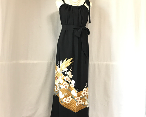 正絹】着物リメイク 黒留袖ドレス／キャミワンピースタイプ