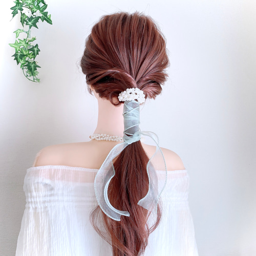 ビッグリボン　パールゴムリボンシュシュ　パールシュシュ　ダルメシアン　ブラウン ビッグリボン パールゴムリボンシュシュ パールシュシュ ダルメシアン