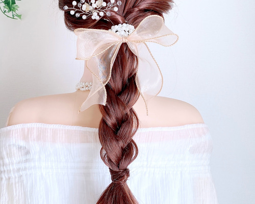 オレンジ ブラウン】シアー パール シュシュ / オーガンジー リボン