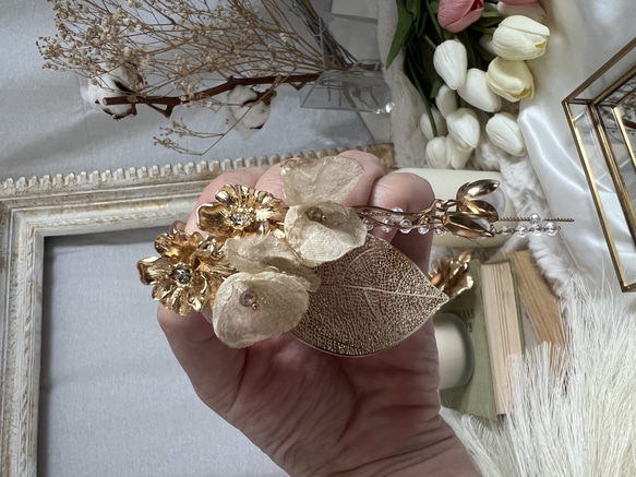 結婚式　ウェディング　ブライダル　パール　ゴールド　アンティーク　リーフ　葉脈　シフォン　アシンメトリー 3枚目の画像