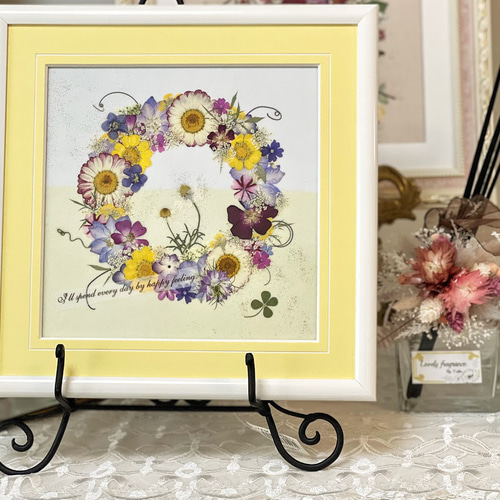 押し花額 『リース風』（ハンドメイド） 送料無料】ミモザリース押し花額＊ロココ風ホワイトフレーム