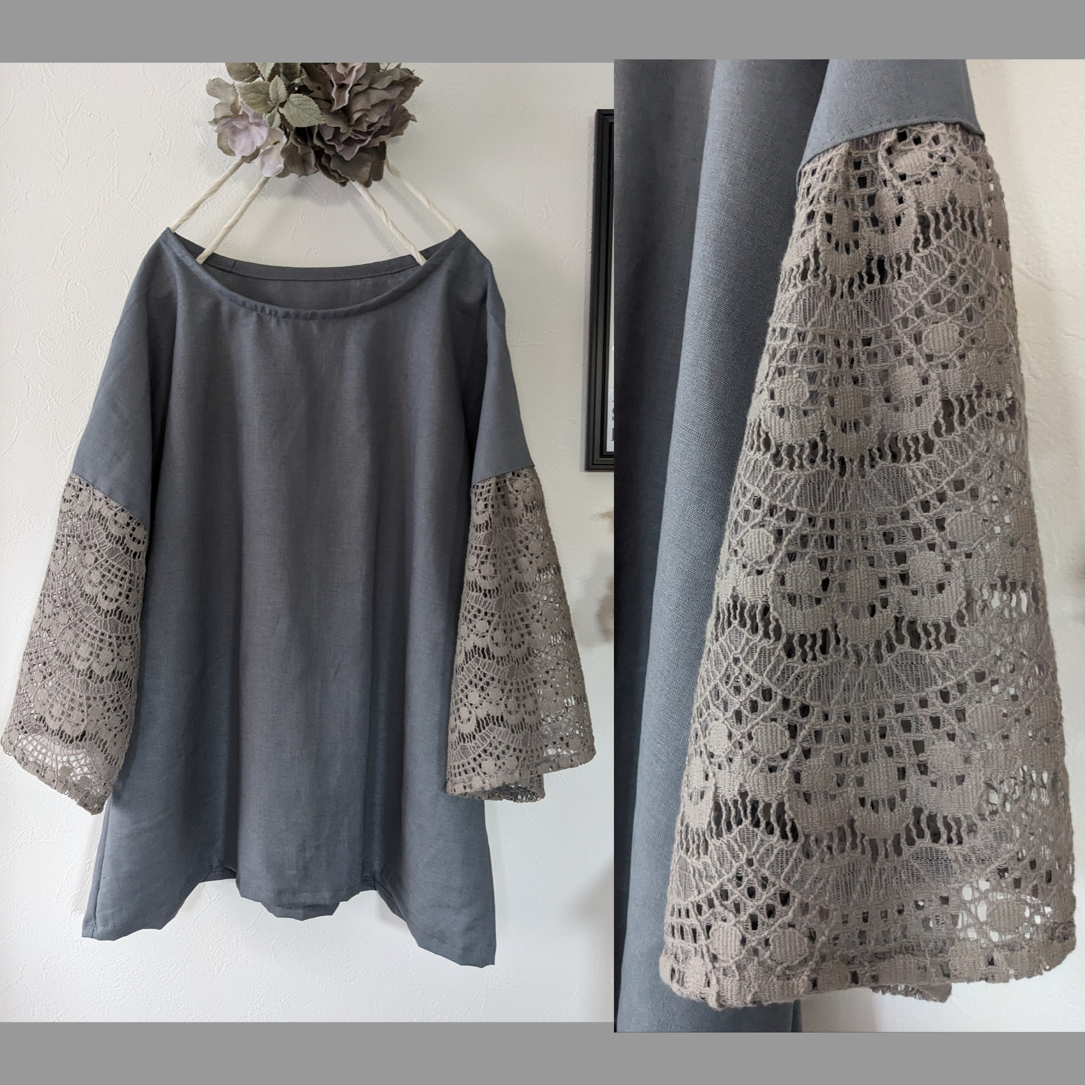 ♡グレーリネン♪袖レースブラウス♡ワンピに変更可