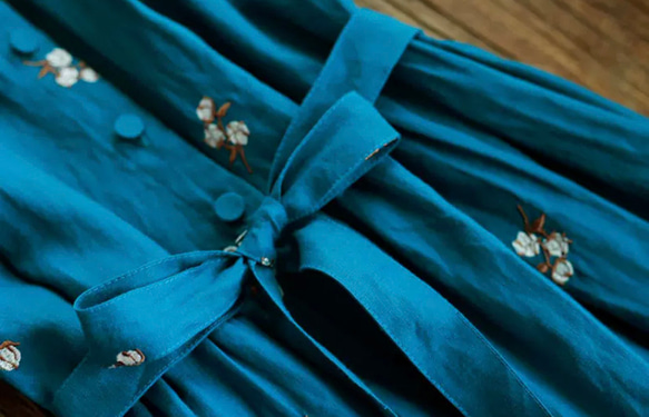 刺繡生地2wayリネンのシャツワンピース　ウエストリボン　ポケット付【春秋】ブルー 7枚目の画像
