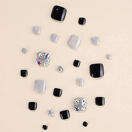 N150》既成ネイルチップ24枚セット ペディ キラキラ ストーン 黒