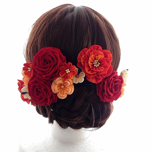 つまみ細工》牡丹と薔薇の髪飾り ＊赤＊ ヘッドドレス（アクセサリー
